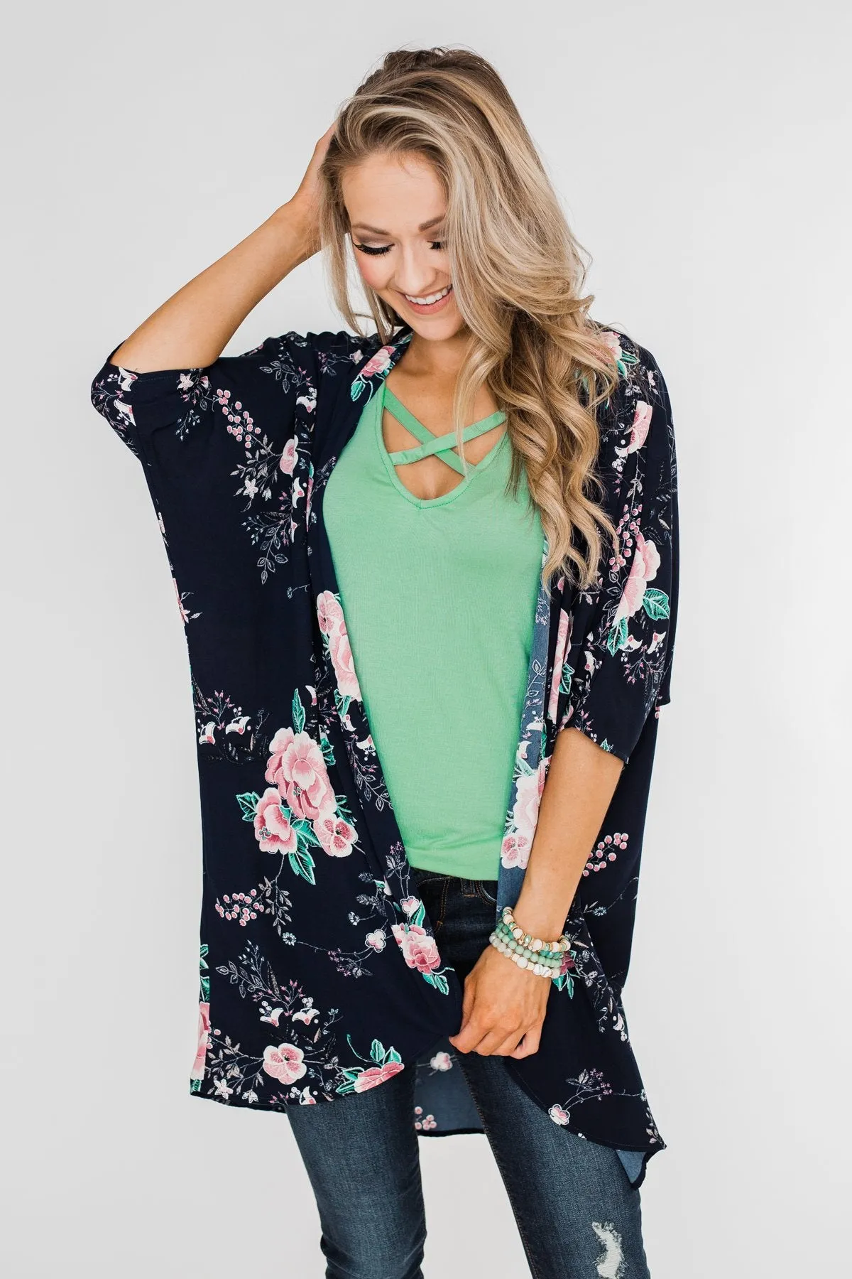 Start With Forever Floral Kimono- Navy