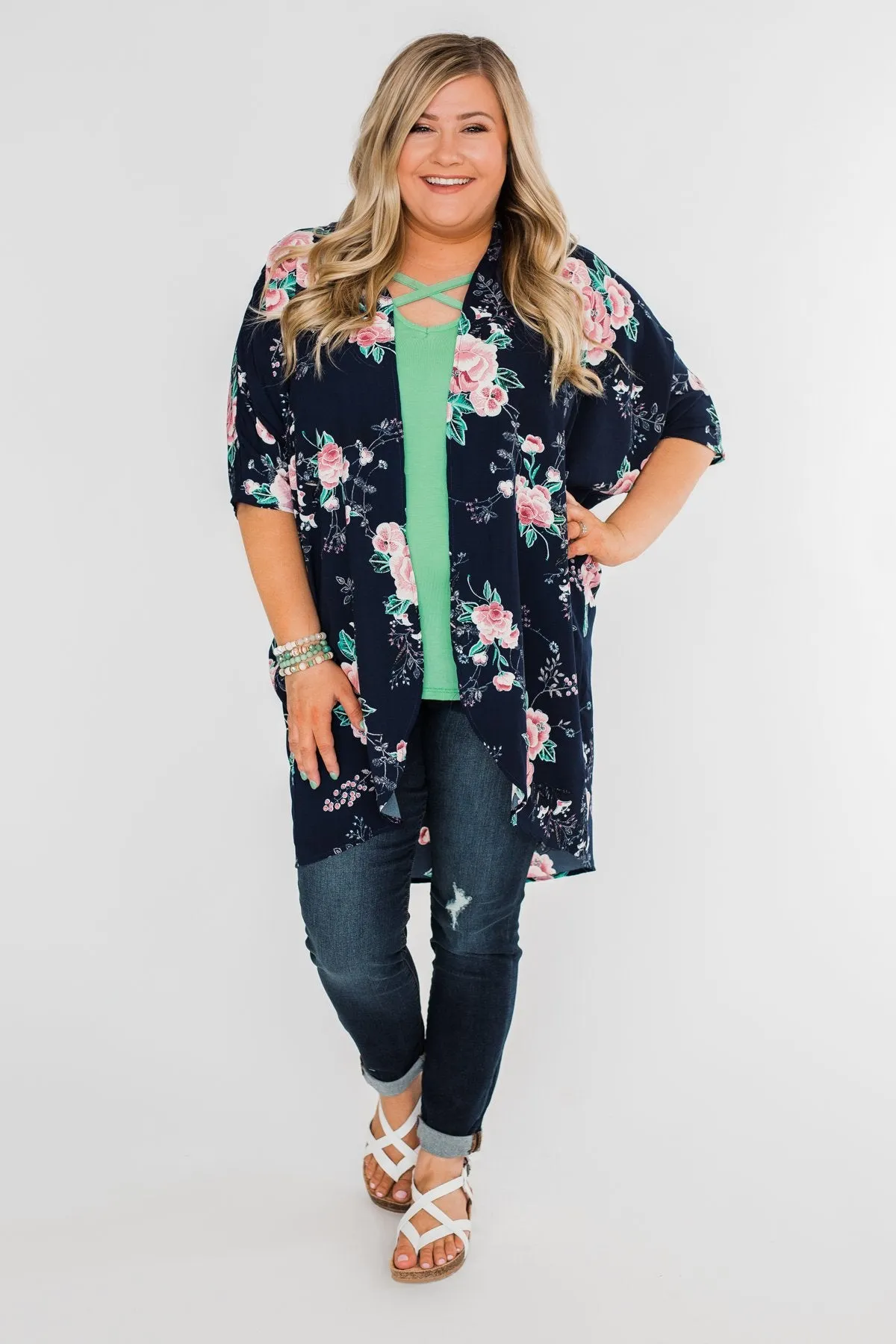 Start With Forever Floral Kimono- Navy