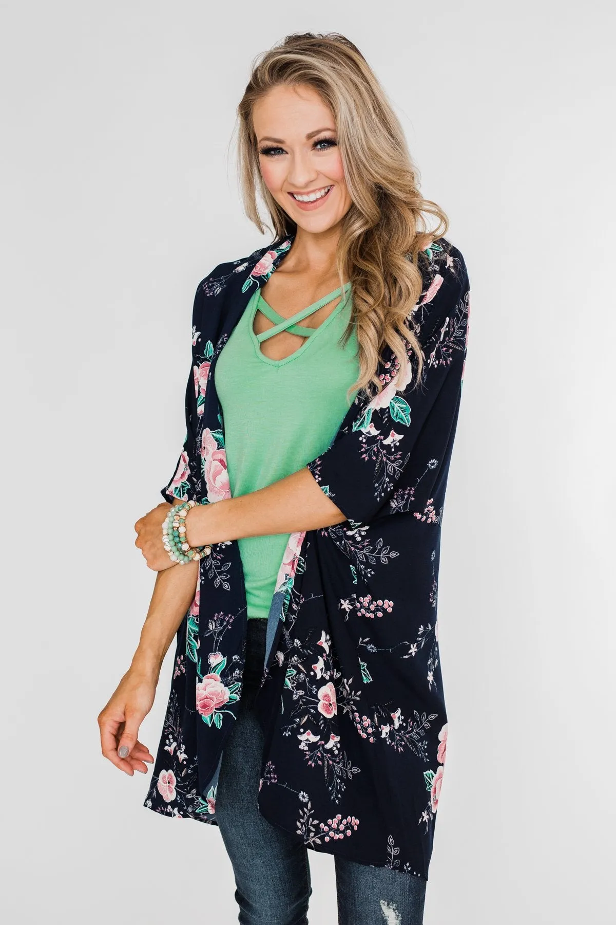 Start With Forever Floral Kimono- Navy