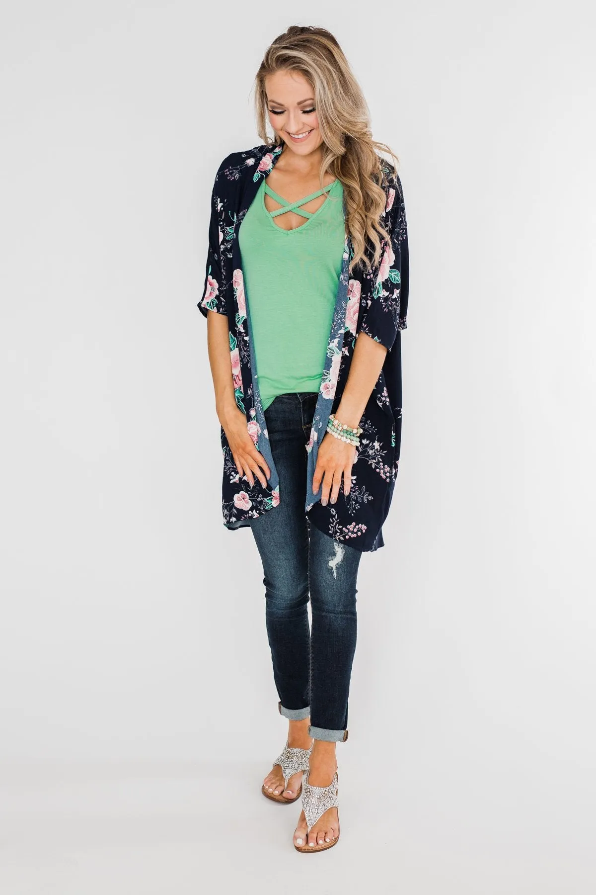 Start With Forever Floral Kimono- Navy
