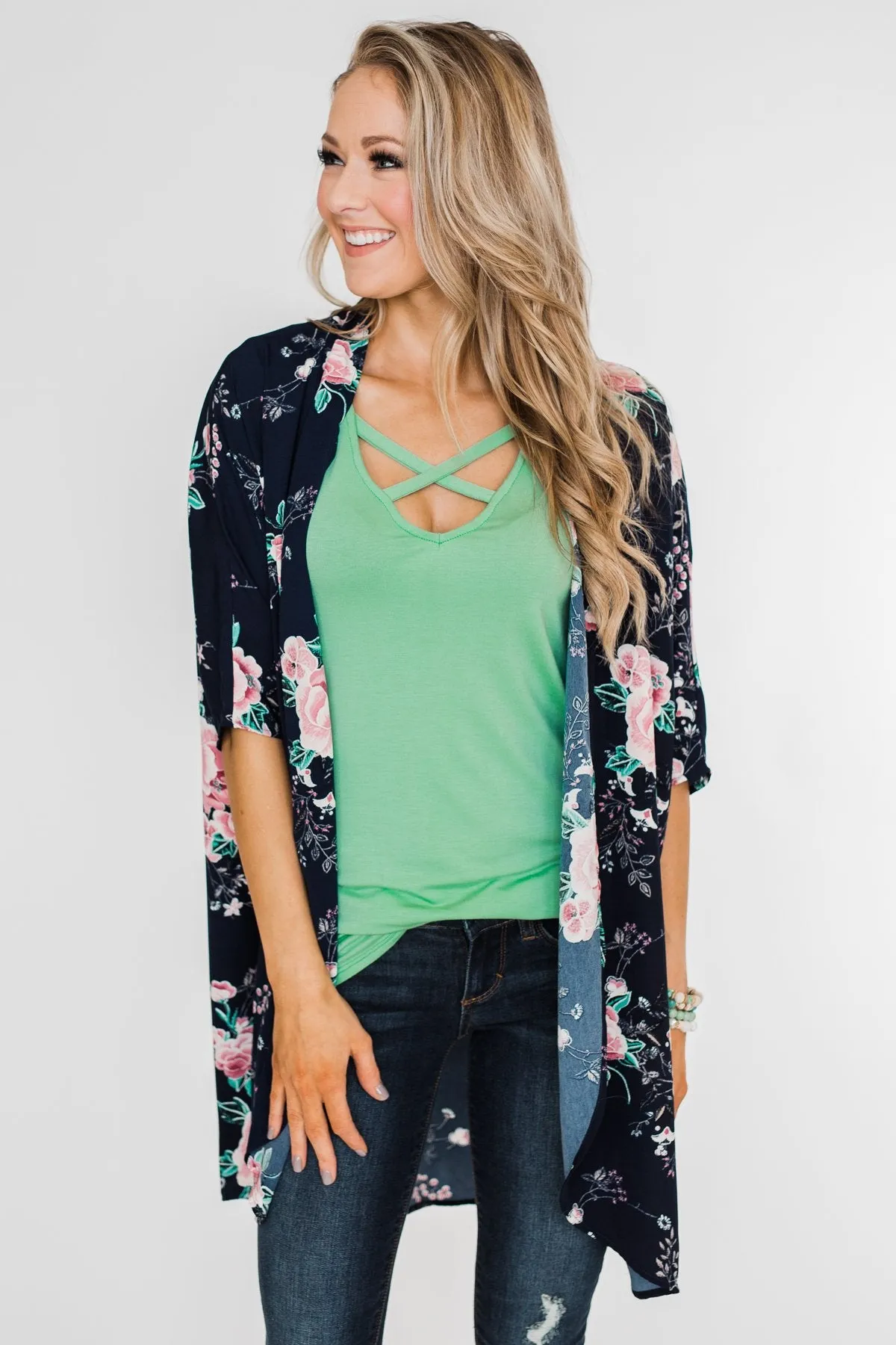 Start With Forever Floral Kimono- Navy