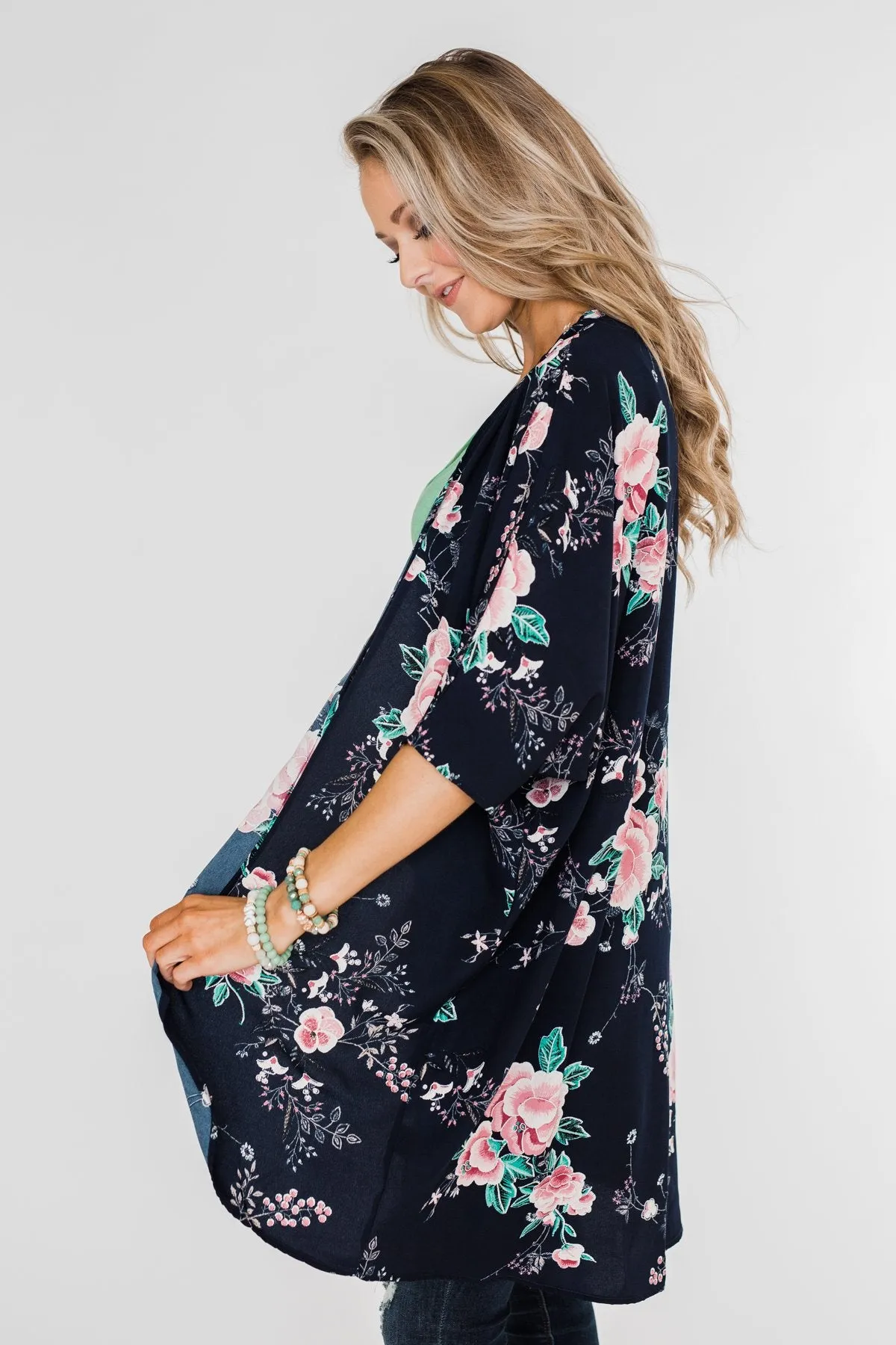 Start With Forever Floral Kimono- Navy