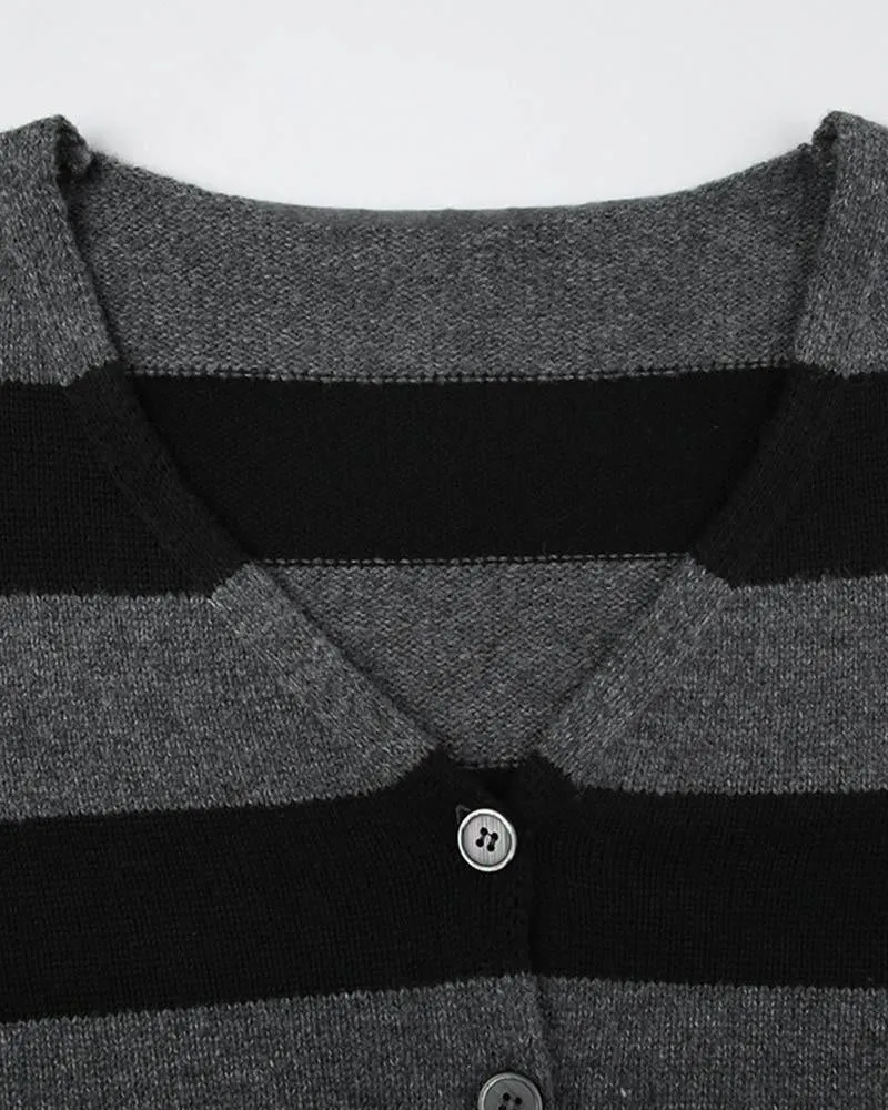 Striped Buttoned Cropped Cardigan