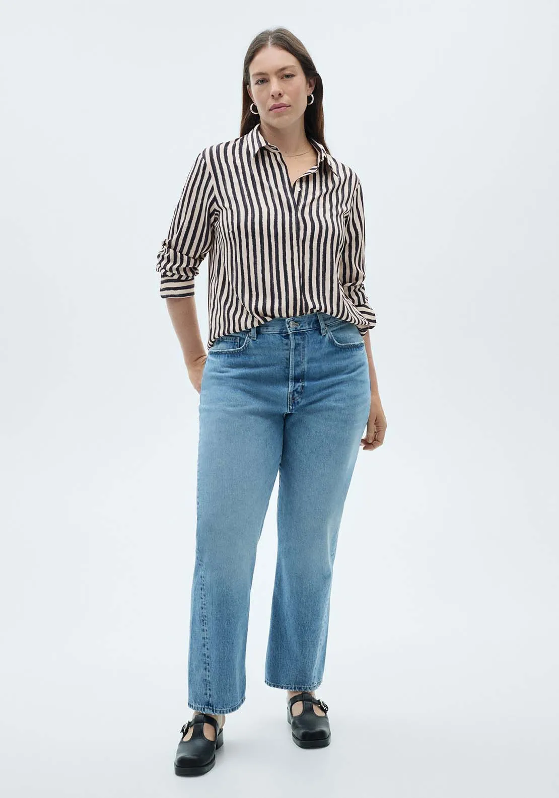 Striped Flowy Shirt - Light Beige
