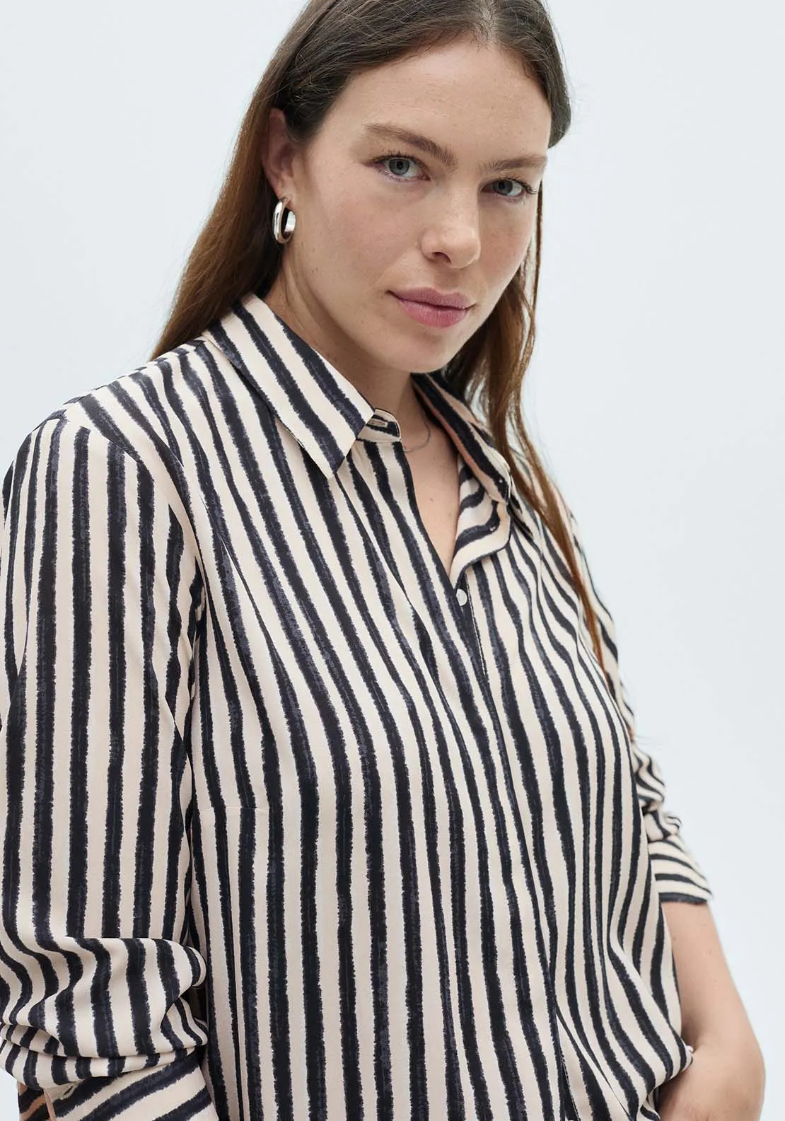 Striped Flowy Shirt - Light Beige