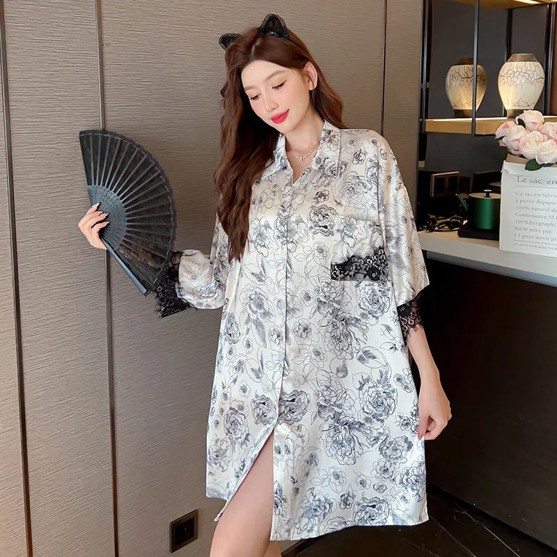 Striped Shirt Dress Short Sleeve Plus Size Loose Pajamas For Women