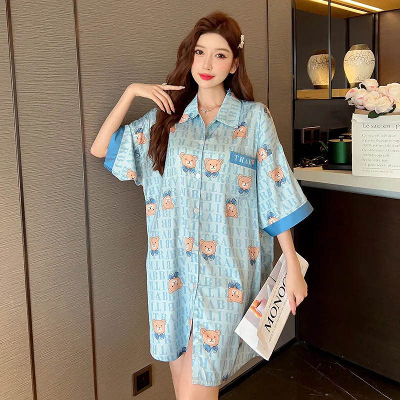 Striped Shirt Dress Short Sleeve Plus Size Loose Pajamas For Women