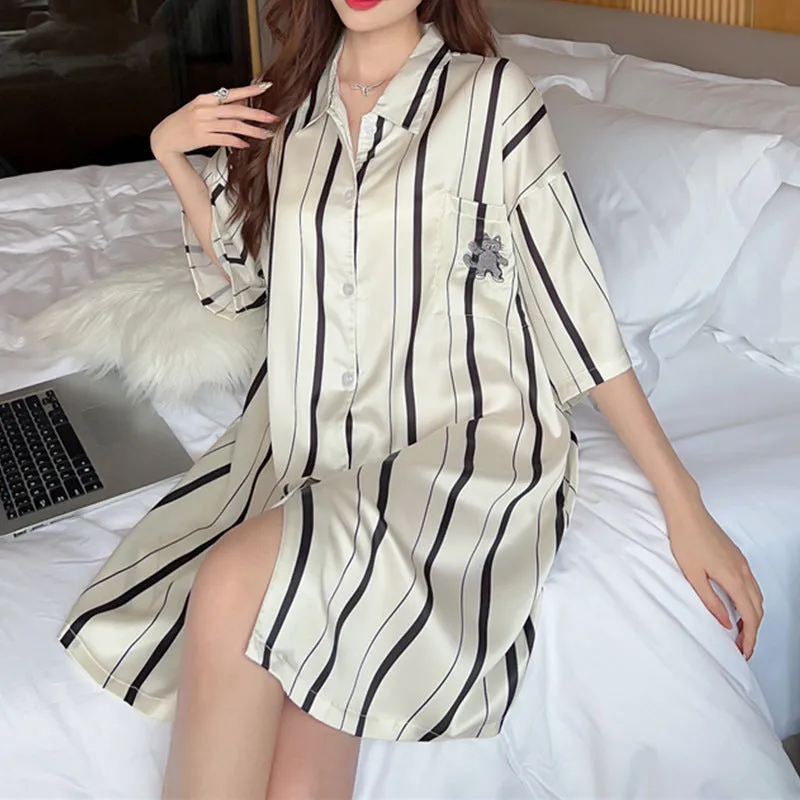 Striped Shirt Dress Short Sleeve Plus Size Loose Pajamas For Women