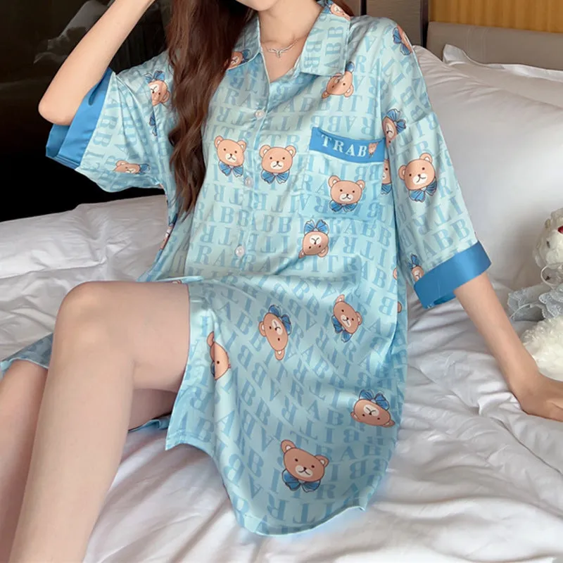 Striped Shirt Dress Short Sleeve Plus Size Loose Pajamas For Women
