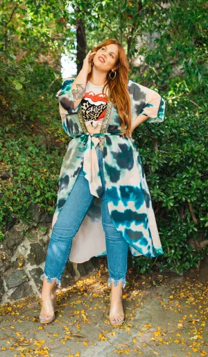 SukiSo Women's Plus Sized Goddess Kimono in Tan and Teal Tie-Dye