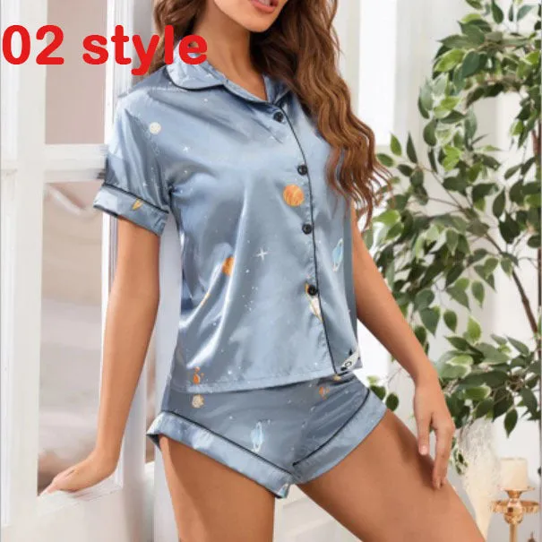Summer Satin Women Pajams Print V-Neck Stretch Lingerie Female Sleepwear Casual Shorts Set Loungewear Women