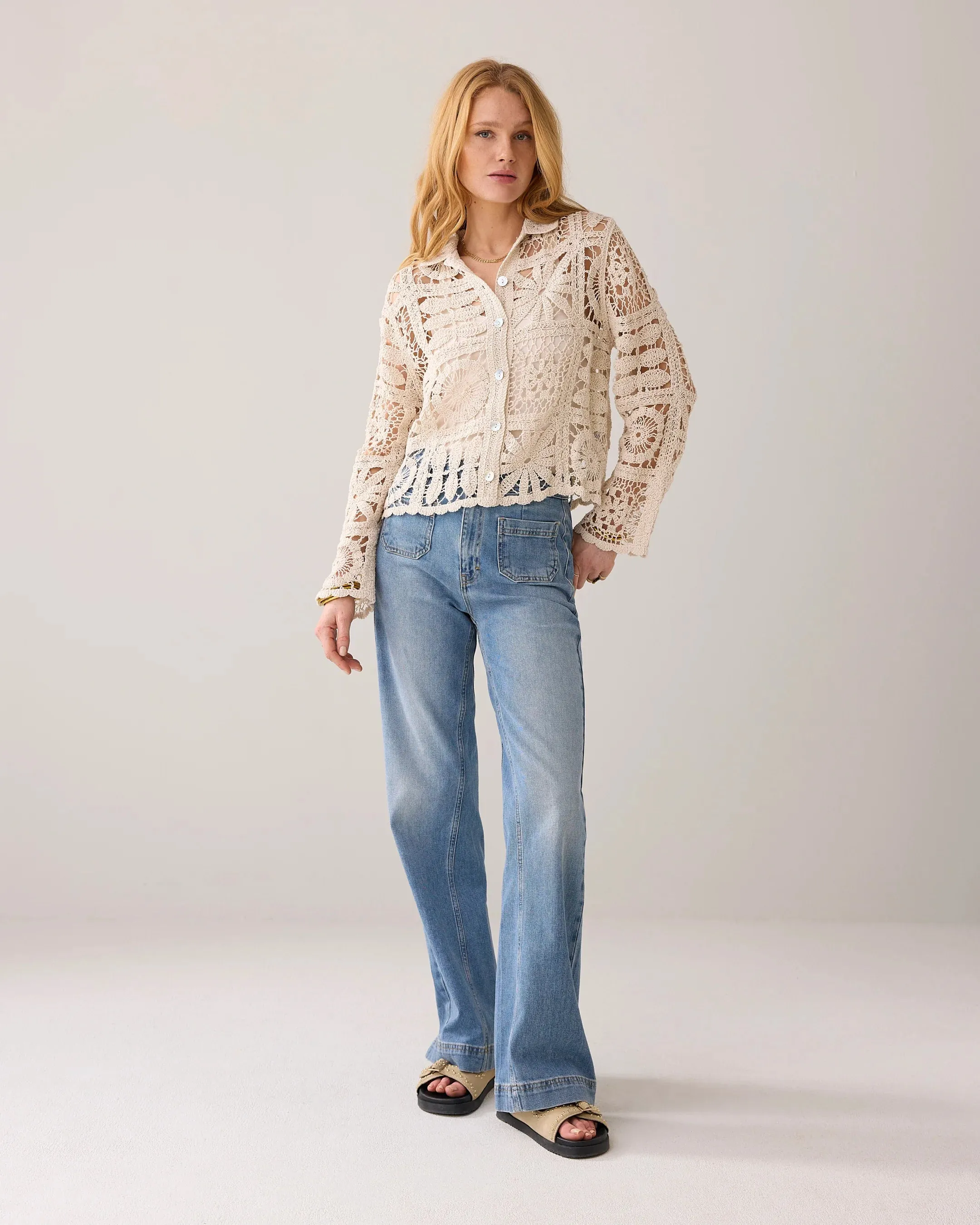 Summum Beige Short Crochet Cardigan
