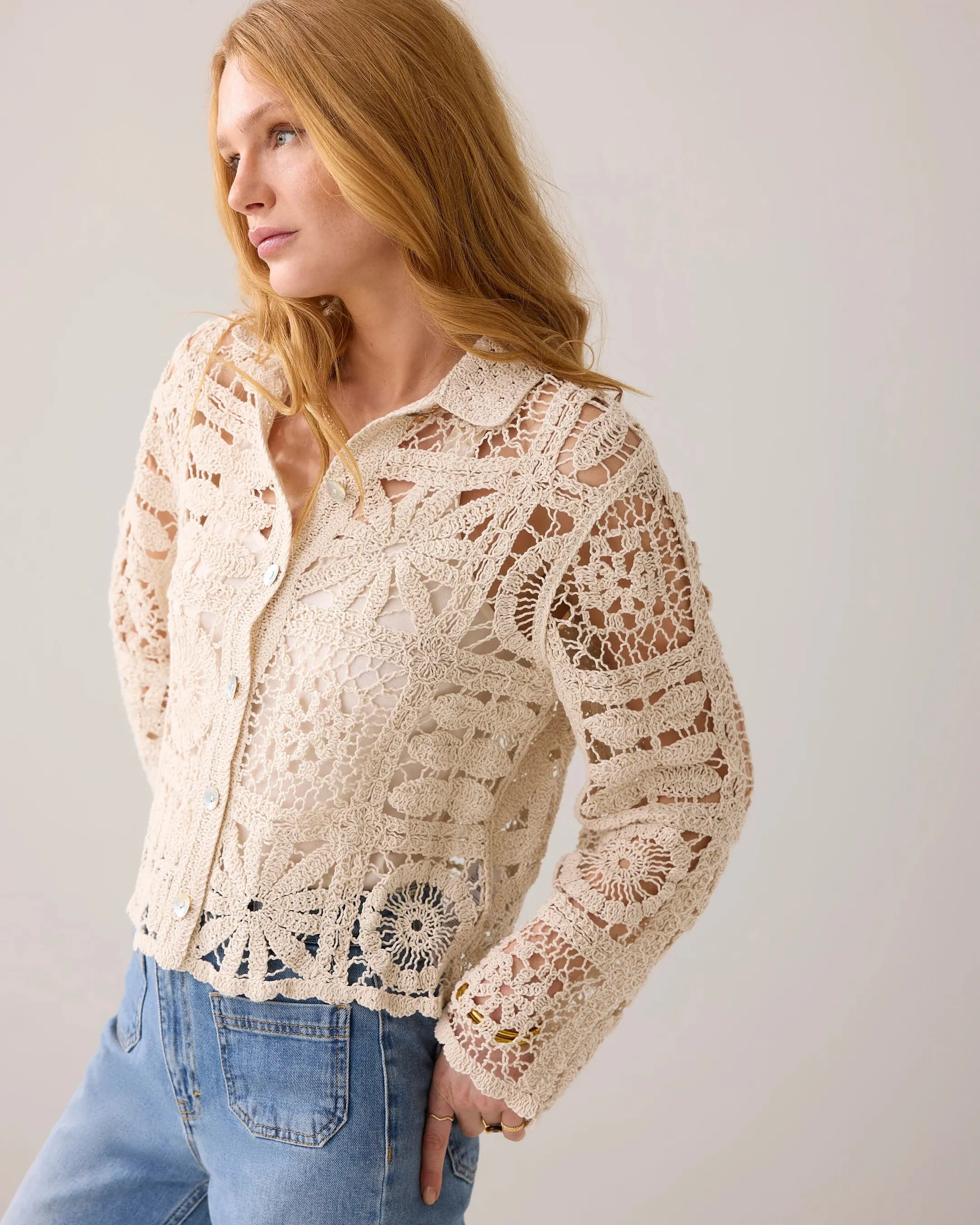 Summum Beige Short Crochet Cardigan