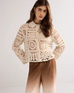 Summum Beige Short Crochet Cardigan