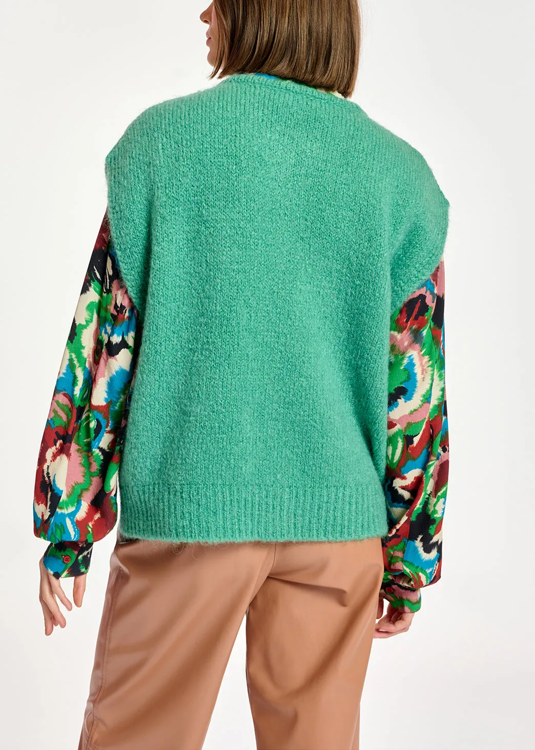 Teal sleeveless mohair-blend cardigan