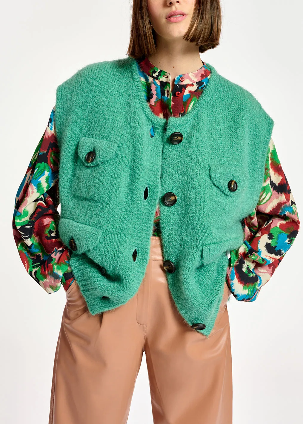 Teal sleeveless mohair-blend cardigan