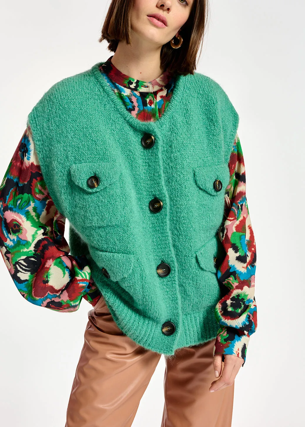 Teal sleeveless mohair-blend cardigan