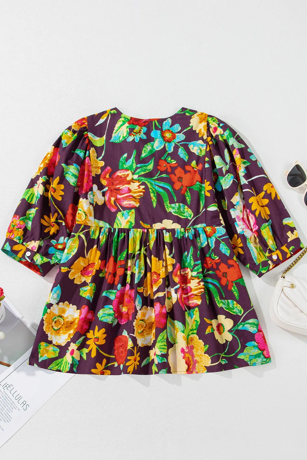 Tenille, Flower Embroidered Trim Half Sleeve Blouse