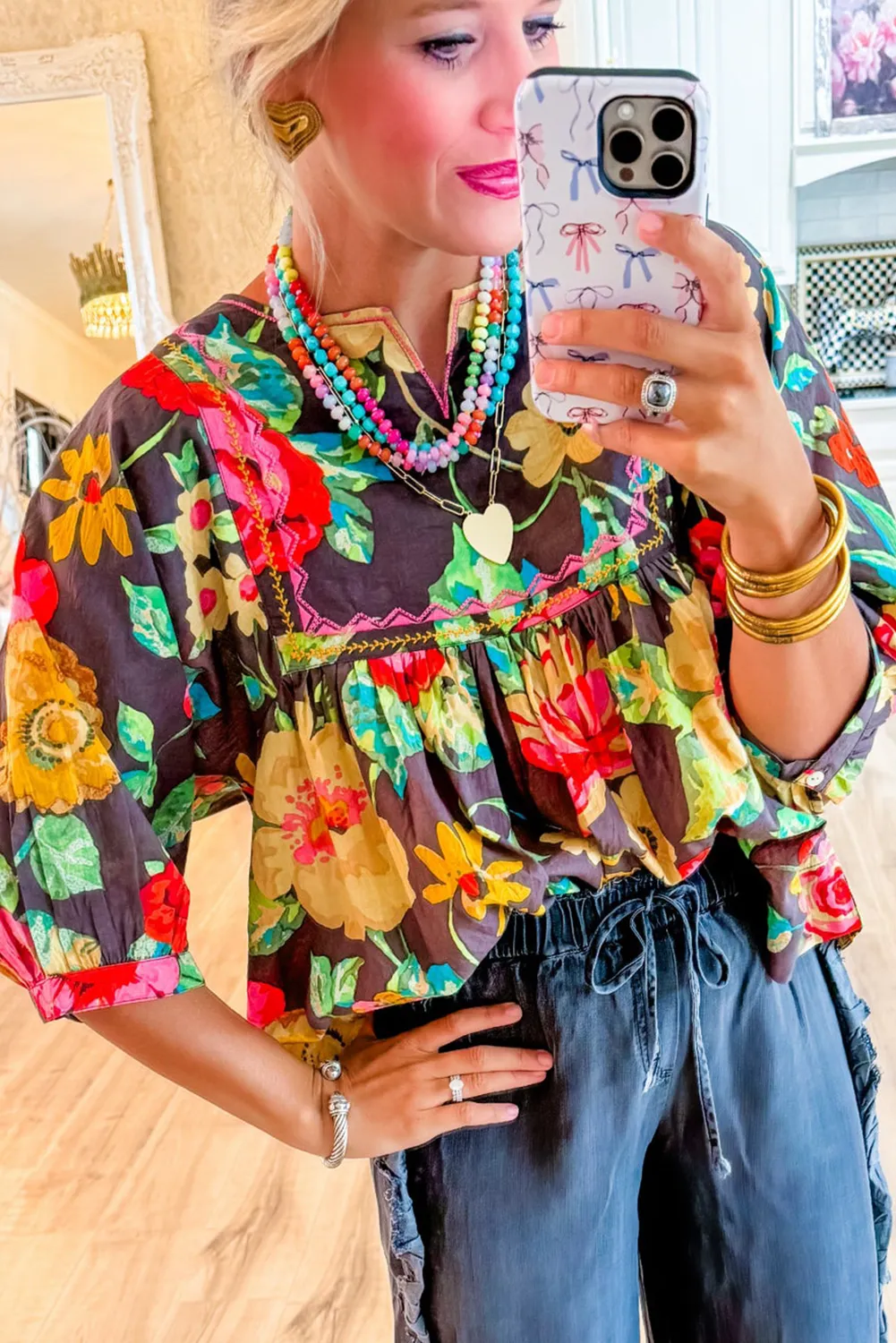 Tenille, Flower Embroidered Trim Half Sleeve Blouse