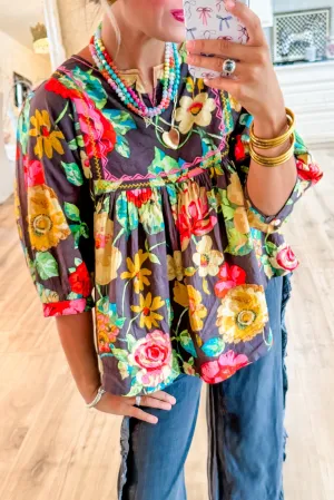Tenille, Flower Embroidered Trim Half Sleeve Blouse