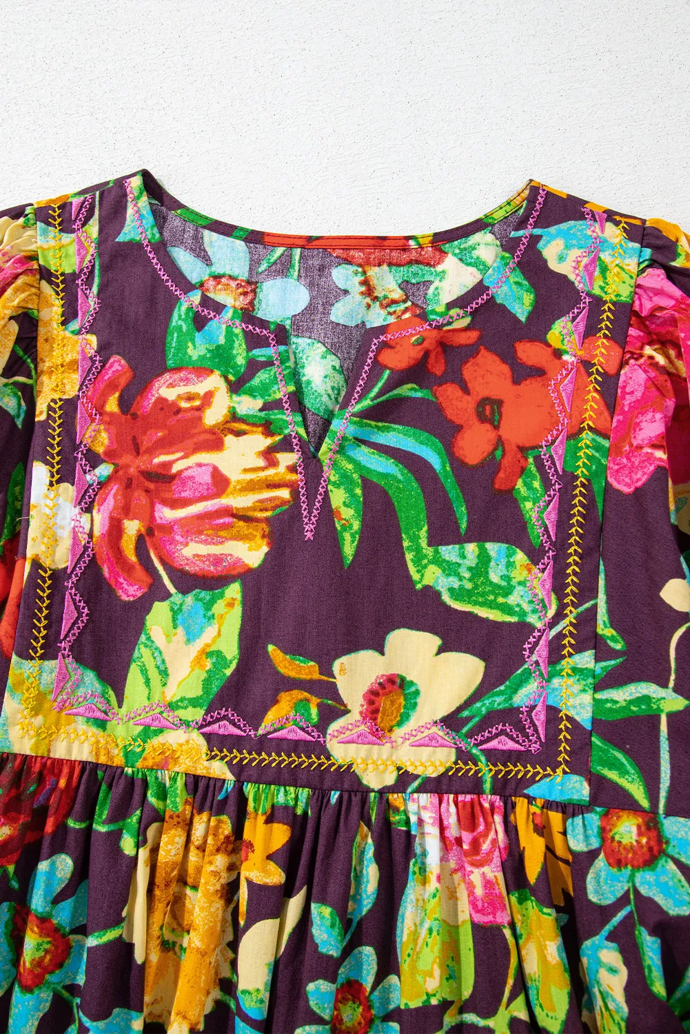 Tenille, Flower Embroidered Trim Half Sleeve Blouse