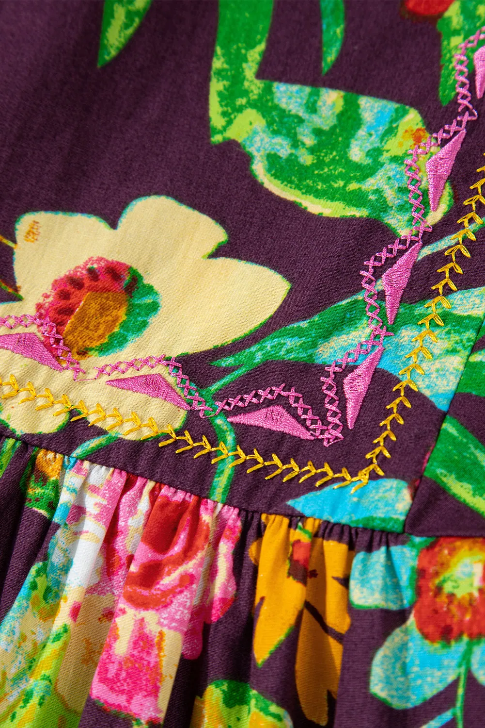Tenille, Flower Embroidered Trim Half Sleeve Blouse