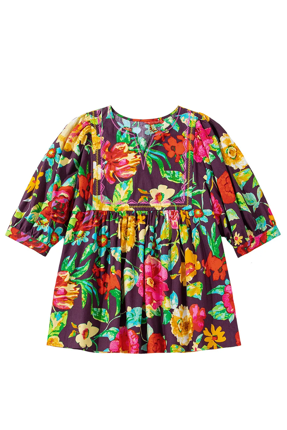 Tenille, Flower Embroidered Trim Half Sleeve Blouse