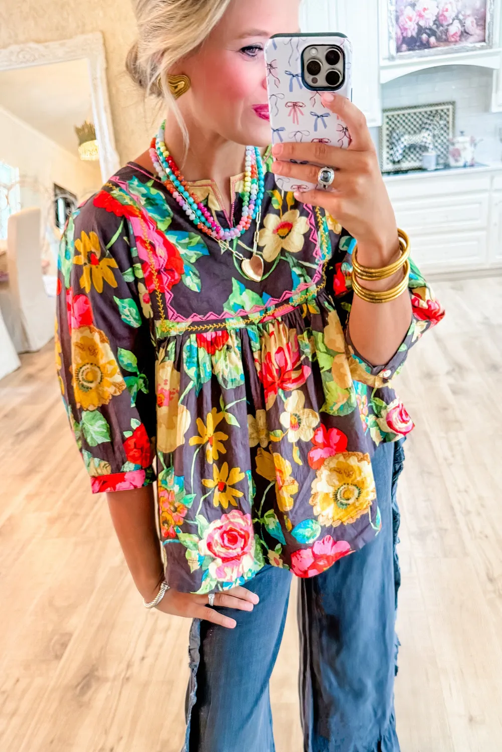 Tenille, Flower Embroidered Trim Half Sleeve Blouse
