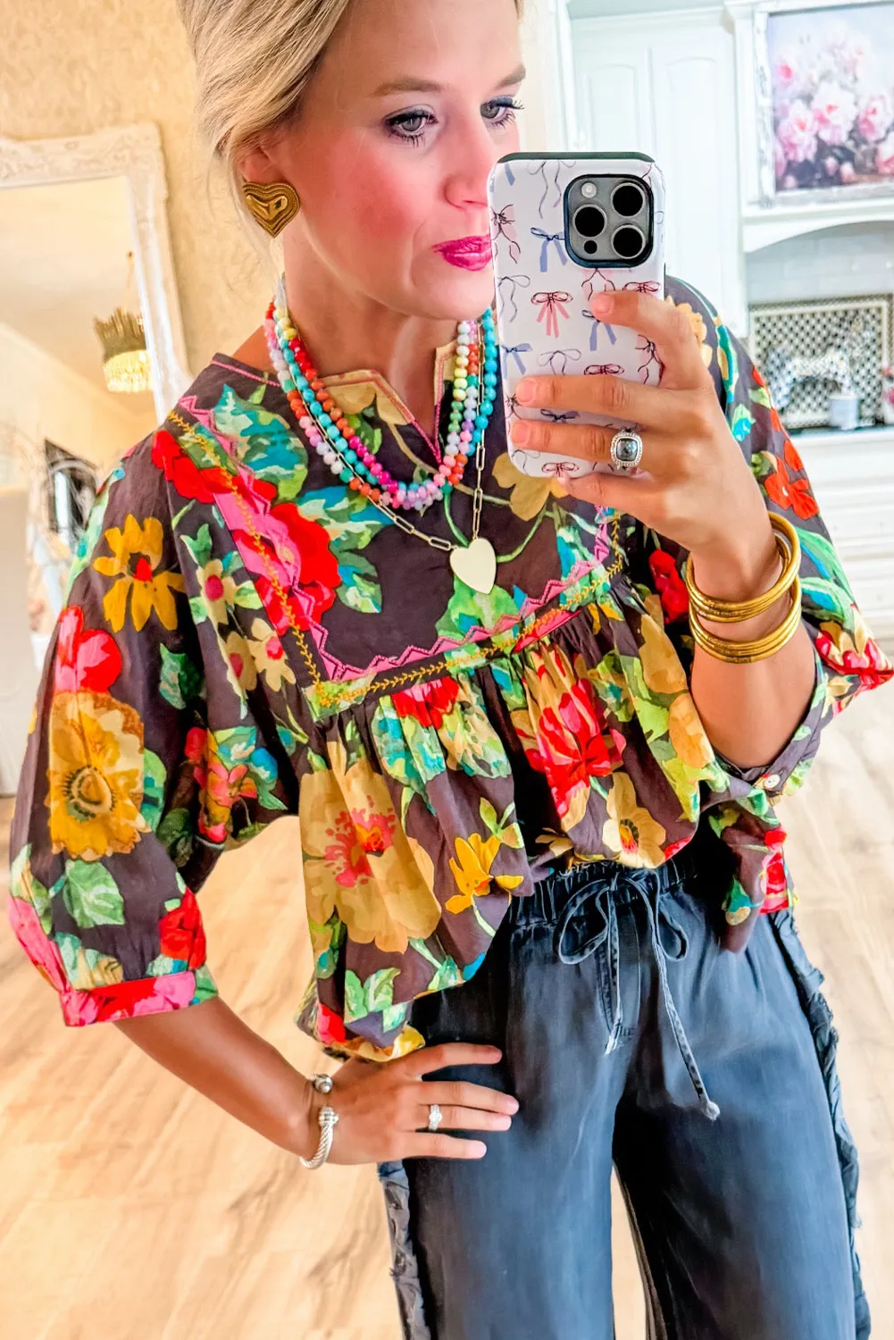 Tenille, Flower Embroidered Trim Half Sleeve Blouse