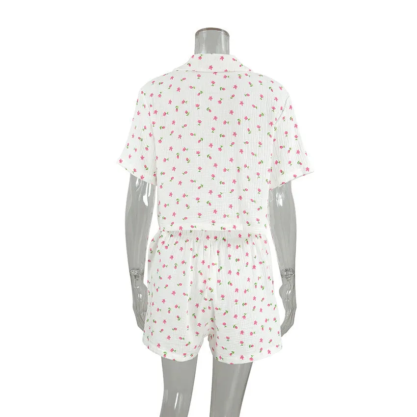 Thin Cotton Printed Comfortable Loose Breathable Short-sleeved Shorts Summer Pajamas Home Wear For Women