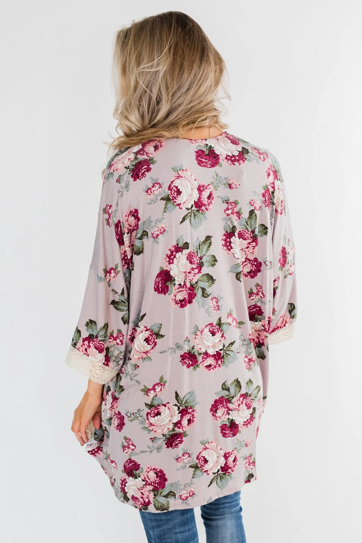 Thought Of You Crochet Floral Kimono- Light Mauve