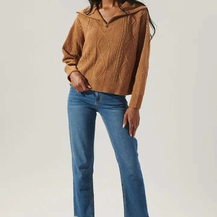 Tina Half Zip Cable Knit Sweater - Mocha