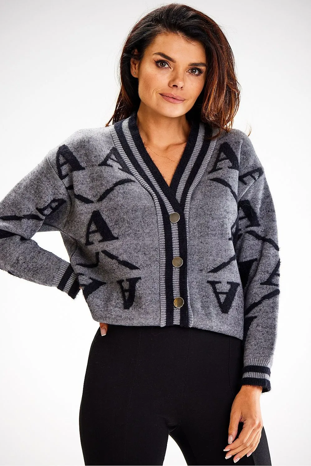 Two-Tone Buttoned Ribbed Cardigan
