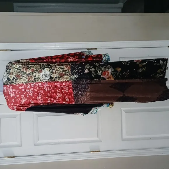 Ursime  velvet maxi length kimono long duster mandarin asian print Sz 3XL NWT