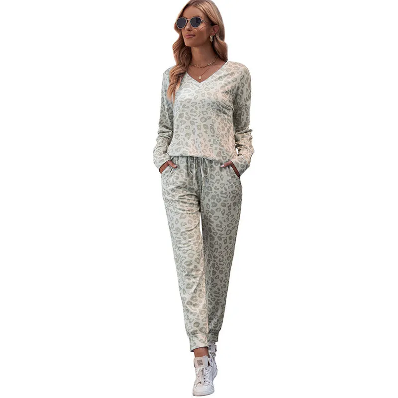V-neck Long Sleeve Top Trousers Suit Printed Loose Pajamas For Women