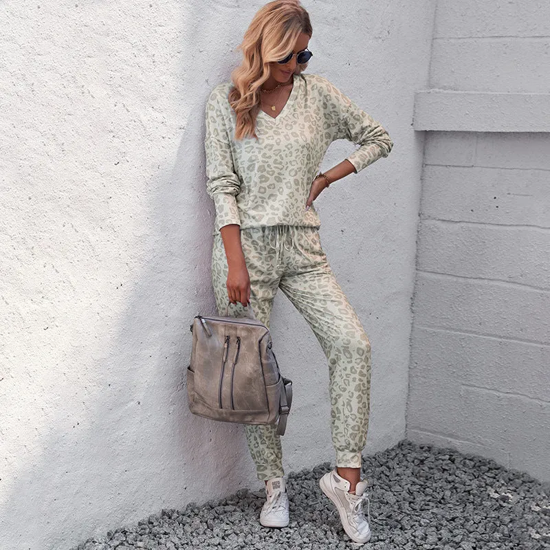 V-neck Long Sleeve Top Trousers Suit Printed Loose Pajamas For Women