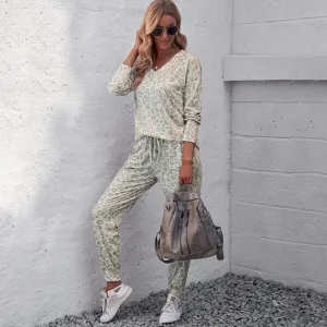V-neck Long Sleeve Top Trousers Suit Printed Loose Pajamas For Women
