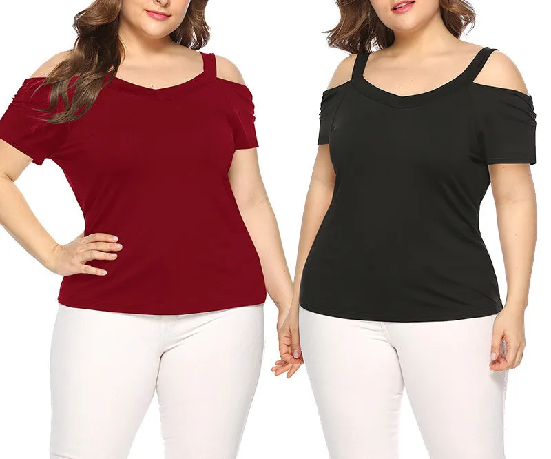 V-neck Strapless Solid Color Short-sleeved T-shirt