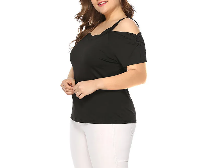 V-neck Strapless Solid Color Short-sleeved T-shirt