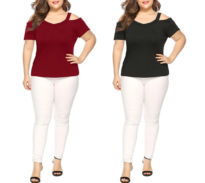 V-neck Strapless Solid Color Short-sleeved T-shirt