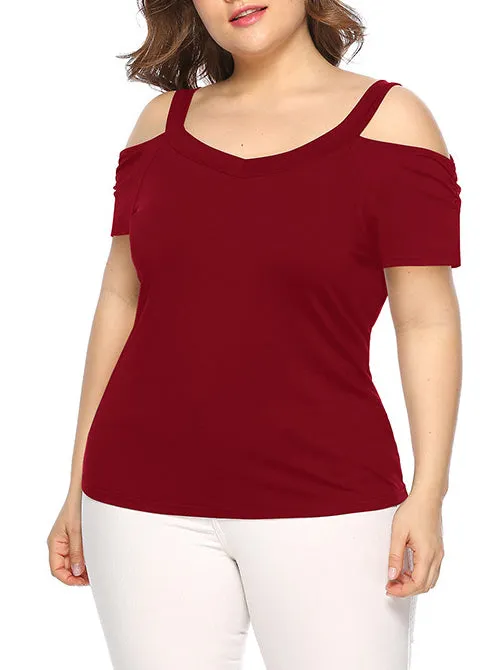 V-neck Strapless Solid Color Short-sleeved T-shirt