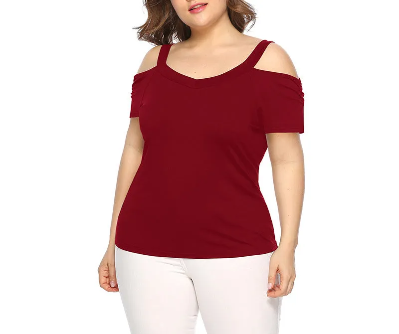 V-neck Strapless Solid Color Short-sleeved T-shirt