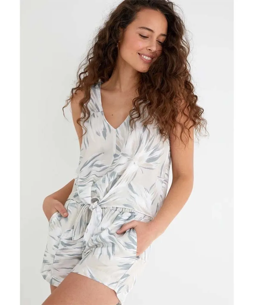 V-Neck Tie Front Top Palm Print