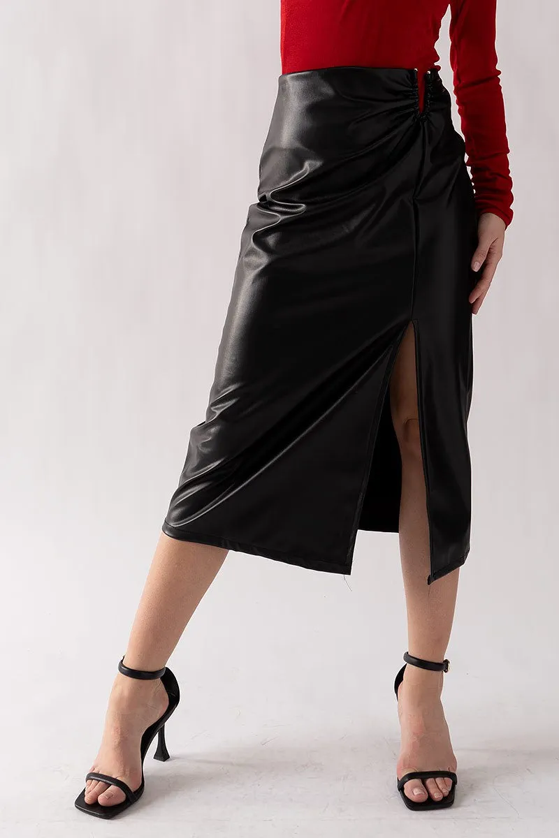 VEGAN LEATHER SLIT HORSESHOE BUCKLE LONG SKIRT