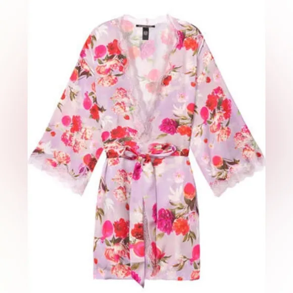 Victoria Secret Silk Floral Robe Medium Large Victoria Secret Kimono Purple Pink