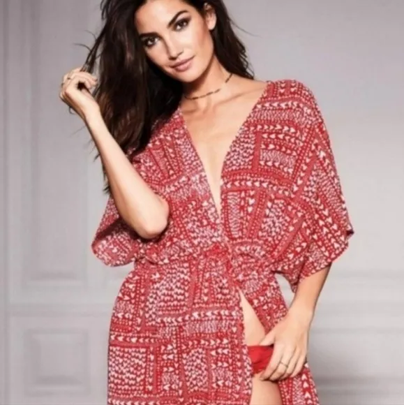 Victoria's Secret Red white heart print kimono robe cover up one size fits all