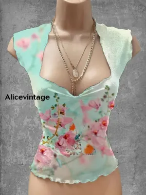 Vintage  Floral Art Print V-Neck Casual Top