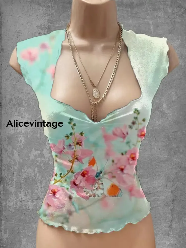 Vintage  Floral Art Print V-Neck Casual Top