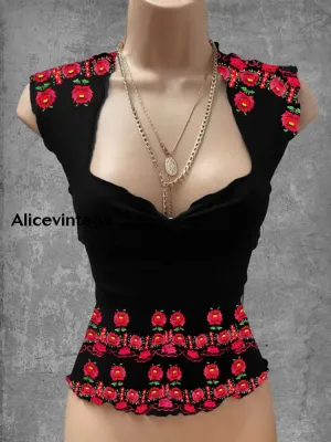 Vintage Mexican Floral Art Print V-Neck Casual Top
