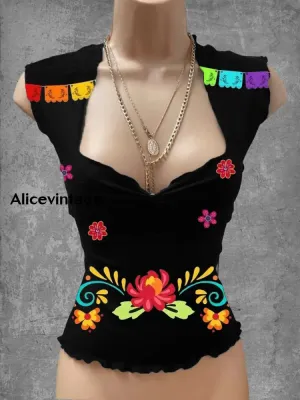 Vintage Mexican Floral Art Print V-Neck Casual Top